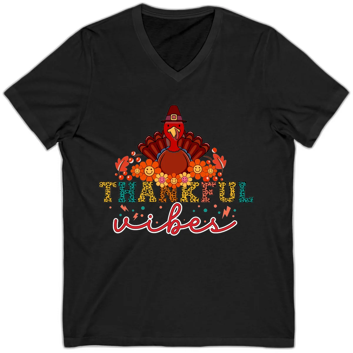 Turkey Vibes Thanksgiving Design V-Neck in Black